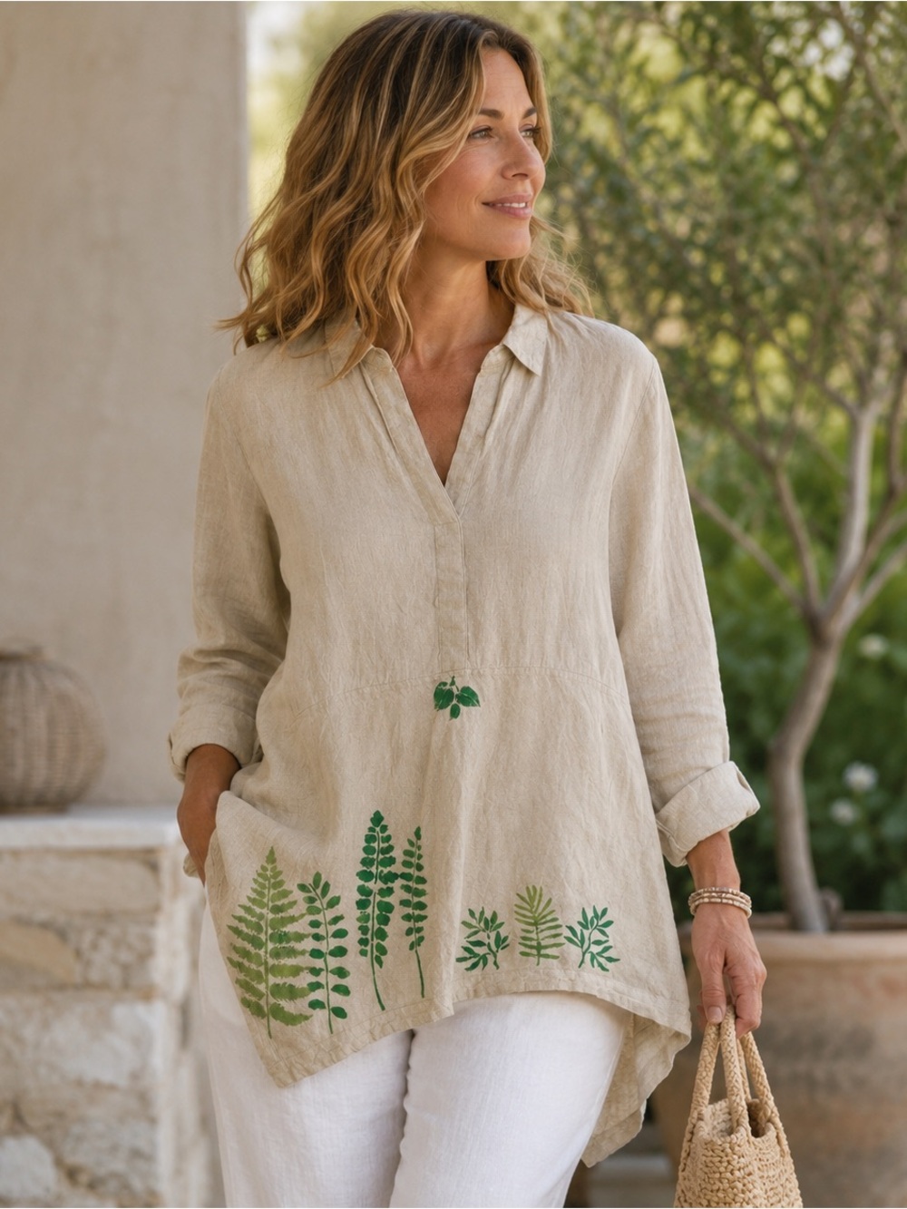 J. Jill Love Linen 100% Linen Botanical Print Tunic Top Petite Small Beige Green